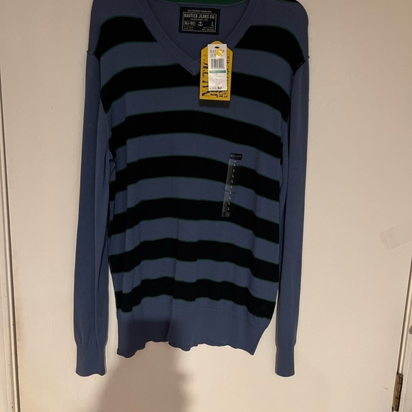 Mens Nautica Blue Striped V-Neck SweaterNWT